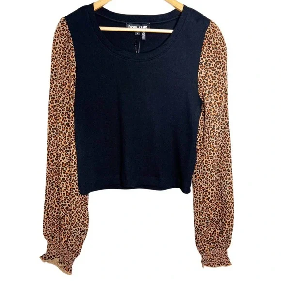 NWT DKNY Jeans Black Ribbed Knit Leopard Print Sleeve Crop Top Women's Size M - Picture 5 of 16